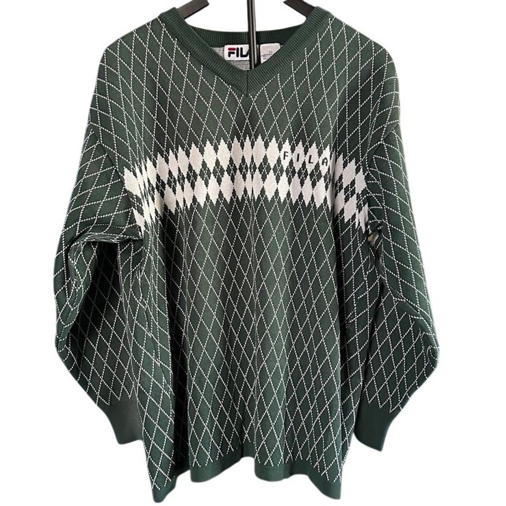 Vintage Fila Argyle Golf V-Neck Knit Sweater Forest Green White Size XL